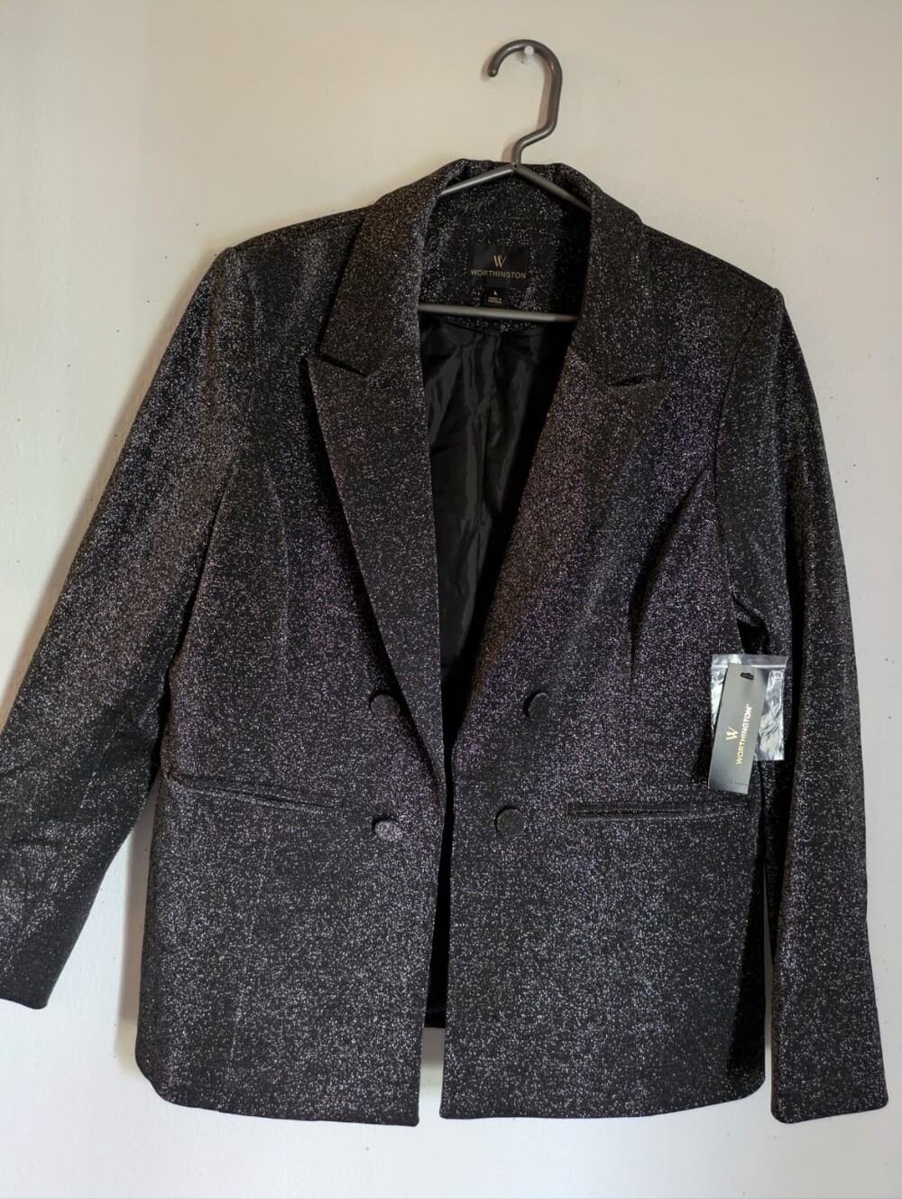 Worthington Black Silver Metallic Shimmer Sparkle Double Breasted Blazer Jacket